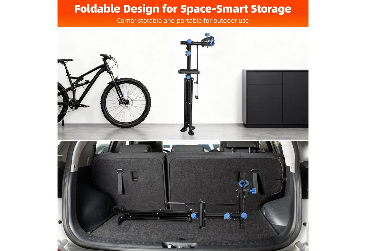 SunJas Fahrrad-Montageständer Fahrradmontageständer 360° drehbar höhenverstellbar bis zu 30kg (mit Werkzeugschale und Magnetfach, klappbar), für MTB, Rennrad, E-Bike Bild 5