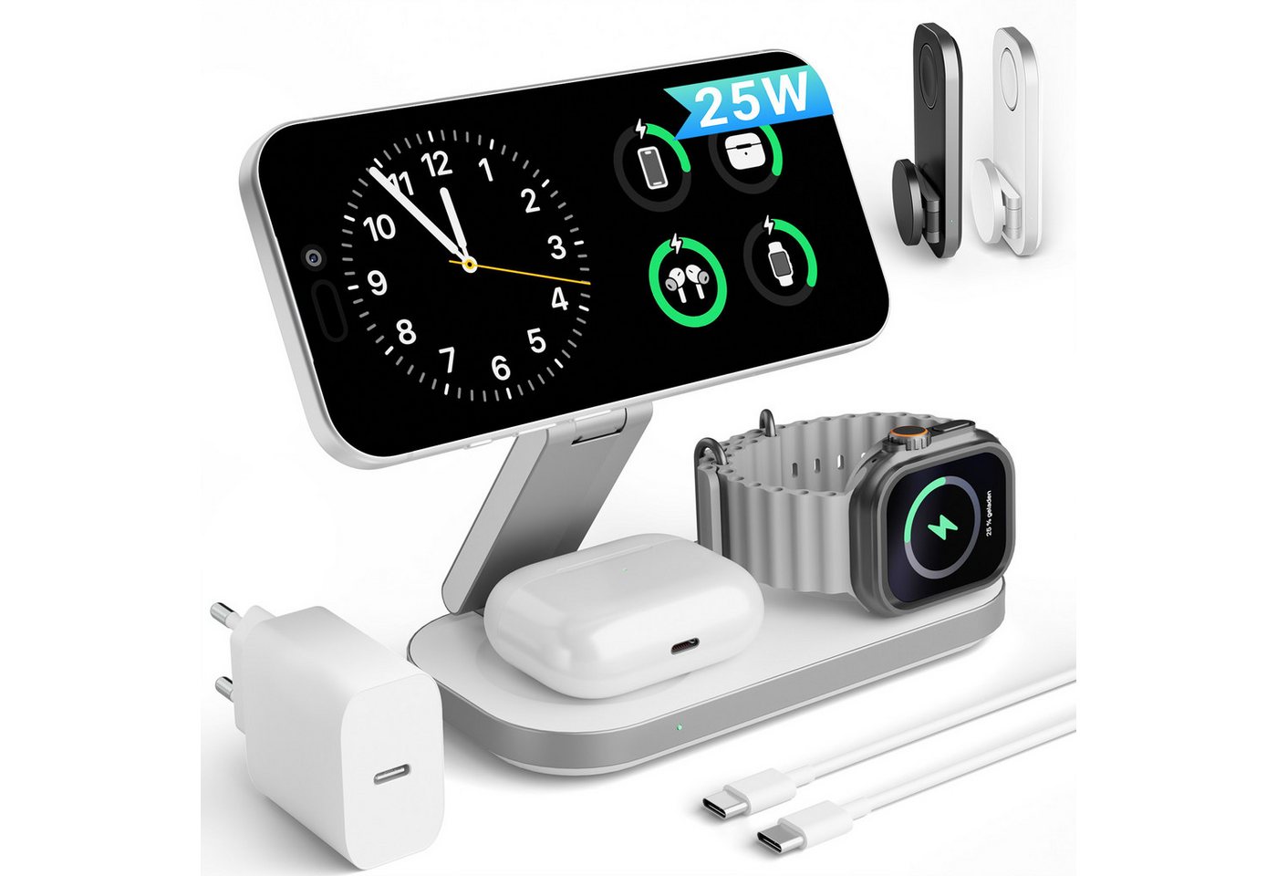 GreenHec Ladestation 25w Apple Watch iPhone 18 17 3in1 MagSafe Wireless Charger Wireless Charger (3000 mA, Spar-Set, 3in1 PowerBase + USB-C Kabel + 35w Ladegerät, Pro Max Air Plus Charging Station Kabelloses Induktionsladegerät Fast) Bild 4