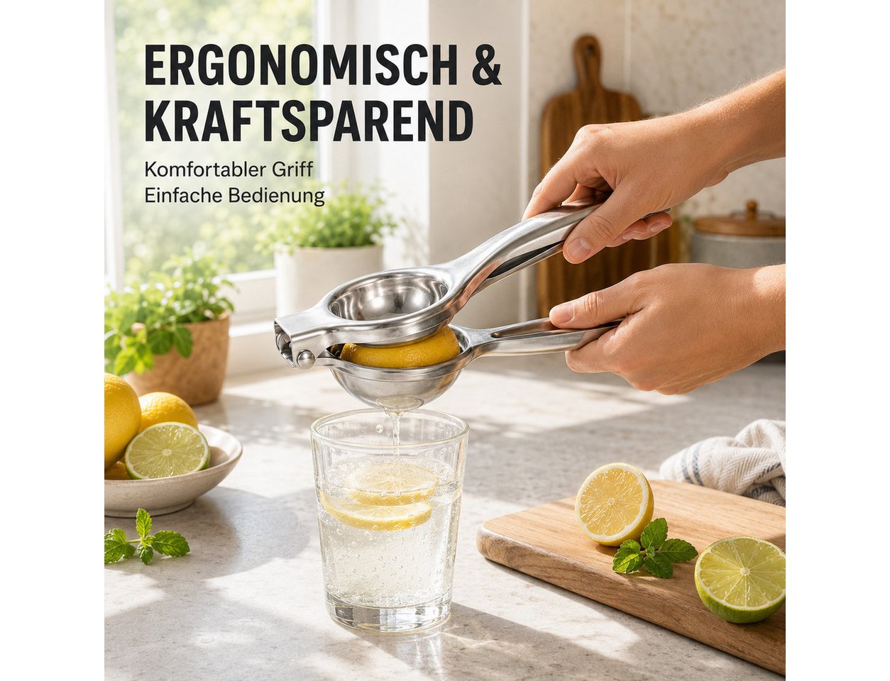 Luckice Entsafter Edelstahl‑Saftpresse manuell, Küchenwerkzeug für Zitrone Limette, 0 W, Robuste Konstruktion aus hochwertigem Edelstahl Bild 4