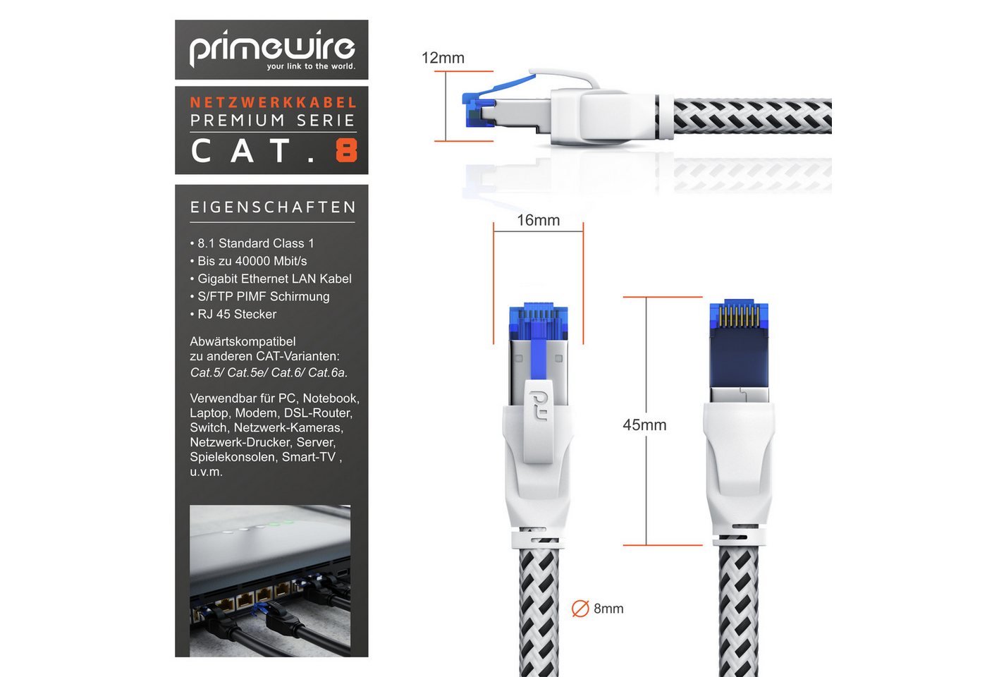 Primewire Patchkabel CAT 8, Baumwollummantelung, Netzwerkkabel 40 Gbit/s - 1m LAN-Kabel, CAT.8, RJ-45 (Ethernet) (100 cm), für Router, Modem, Switch, PC, ideal für Gaming, Streaming, Homeoffice Bild 3