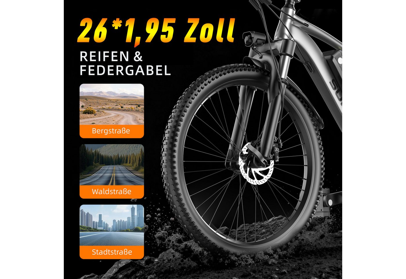 Vankel E-Bike Cityrad Herren Damen E-Mountainbike 26 Zoll 250W 624Wh 80km Shimano 7-Gang, Kettenschaltung, Heckmotor, 624 Wh, (Beleuchtungsset mit Batterieladegerät, Batterieschlüssel, Werkzeug), 25 km/h 160mm Scheibenbremsen LED-Scheinwerfer Federgabel 23 kg Bild 2