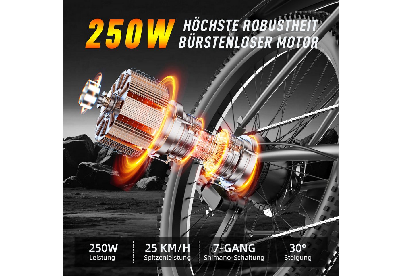 Vankel E-Bike Cityrad Herren Damen E-Mountainbike 26 Zoll 250W 624Wh 80km Shimano 7-Gang, Kettenschaltung, Heckmotor, 624 Wh, (Beleuchtungsset mit Batterieladegerät, Batterieschlüssel, Werkzeug), 25 km/h 160mm Scheibenbremsen LED-Scheinwerfer Federgabel 23 kg Bild 4