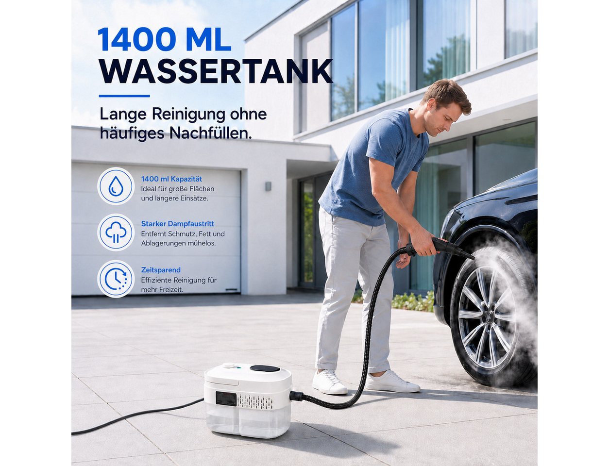 Futicare Dampfreiniger Handdampfreiniger 2500 W, bis zu 100 °C, 6 bar, ca. 15 Sek., 1400 ml, 2500 W, 6 Dampfstufen, Tragbarer Reiniger mit Zubehör für Küche, Fenster, Bad und Auto Bild 2