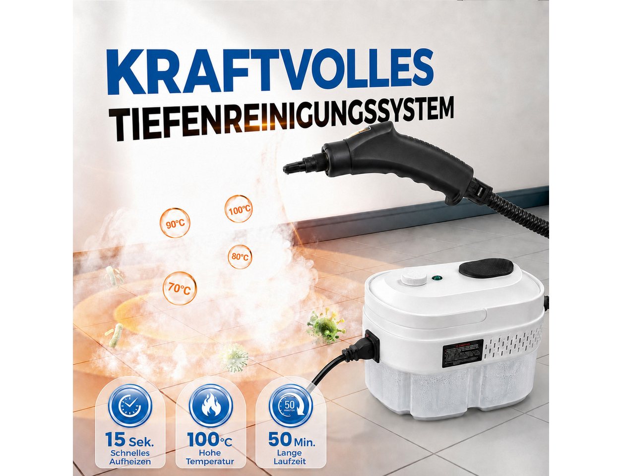 Futicare Dampfreiniger Handdampfreiniger 2500 W, bis zu 100 °C, 6 bar, ca. 15 Sek., 1400 ml, 2500 W, 6 Dampfstufen, Tragbarer Reiniger mit Zubehör für Küche, Fenster, Bad und Auto Bild 3