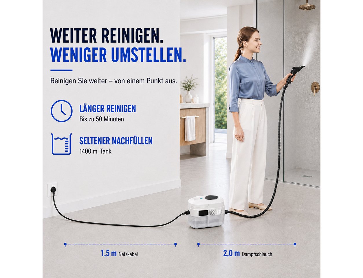 Futicare Dampfreiniger Handdampfreiniger 2500 W, bis zu 100 °C, 6 bar, ca. 15 Sek., 1400 ml, 2500 W, 6 Dampfstufen, Tragbarer Reiniger mit Zubehör für Küche, Fenster, Bad und Auto Bild 4