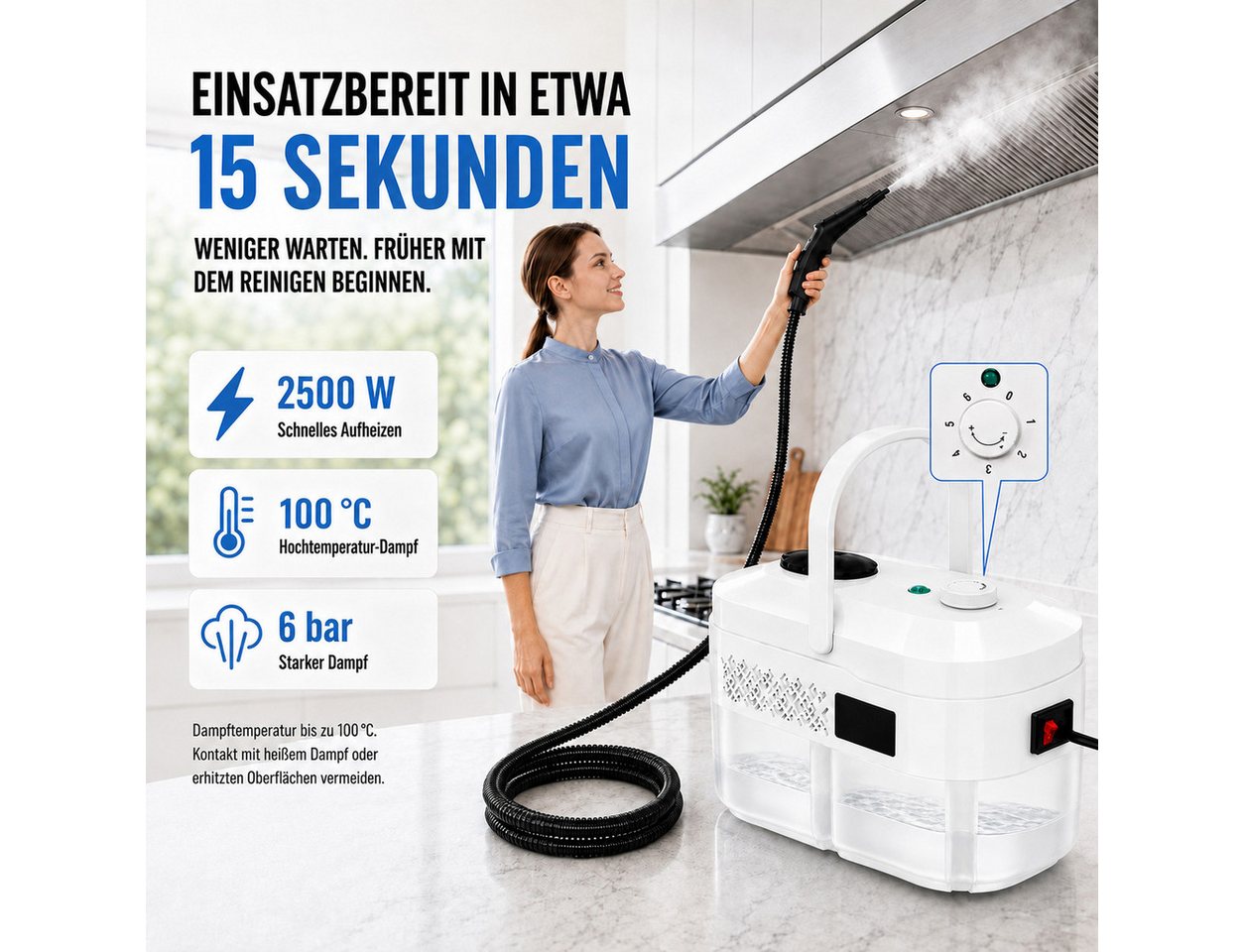 Futicare Dampfreiniger Handdampfreiniger 2500 W, bis zu 100 °C, 6 bar, ca. 15 Sek., 1400 ml, 2500 W, 6 Dampfstufen, Tragbarer Reiniger mit Zubehör für Küche, Fenster, Bad und Auto Bild 5