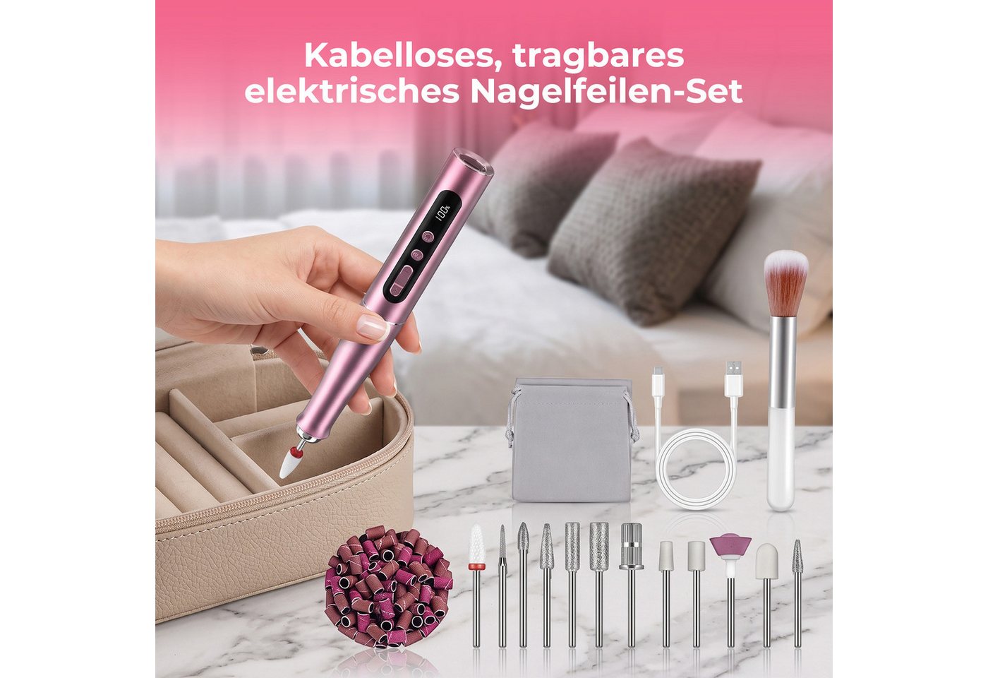 AKKEE Maniküre-Pediküre-Set Professionell Elektrische Nagelfräser, Akku-Nagelfeile, 35.000 U/min, mit 12 Aufsätze zur Nagelpflege 5 Geschwindigkeiten
