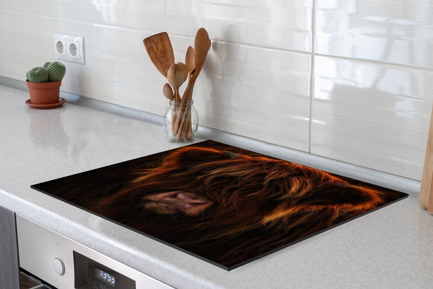 MuchoWow Herdblende-/Abdeckplatte Schottisches Hochlandrind - Kuh - Porträt - Tiere, Vinyl, (1 tlg), Induktionsschutz - Herdabdeckung Matte von Vinyl, das perfekte, rollbare Material für jedes Kochfeld - vergrößert die Arbeitsfläche - Küchen Dekoration - Induktionsherd Abdeckung Induktionskochfeld