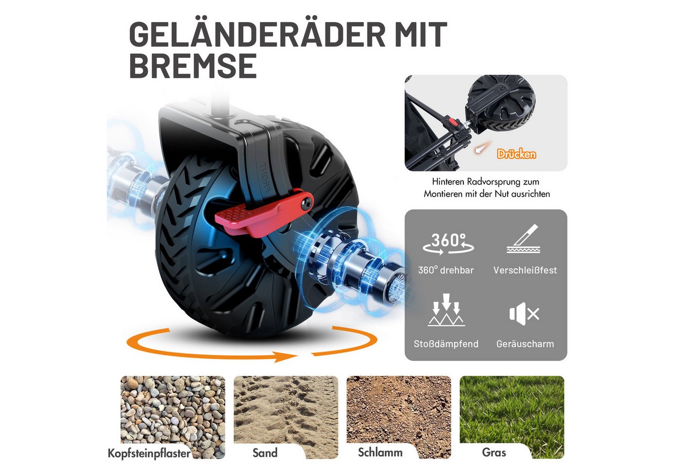 TIMBER RIDGE Bollerwagen Faltbar 400L 180kg, All-Terrain-Räder mit Bremse + 360° Rollen (1-tlg) Bild 3