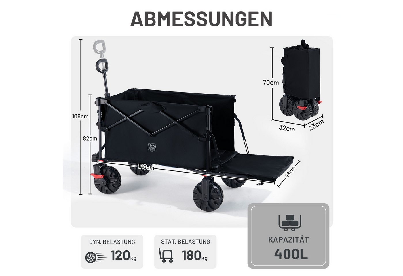 TIMBER RIDGE Bollerwagen Faltbar 400L 180kg, All-Terrain-Räder mit Bremse + 360° Rollen (1-tlg) Bild 5