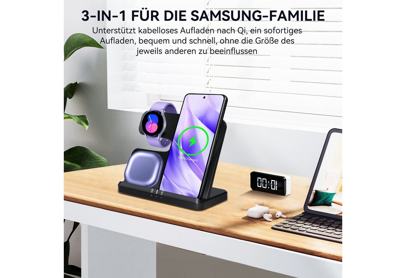 Senmudi 3 in 1 Kabellose Ladestation 15W - Ohne Kabelchaos Induktions-Ladegerät (Schnelles Kabelloses Ladegerät Handy Ständer handyhalterung, Für Samsung Galaxy/Galaxy Watch/Xiaomi/Note/Galaxy Buds/AirPods, iPhone - Ultra Handy-Ladestation,für alle Qi-fähigen Geräte)
