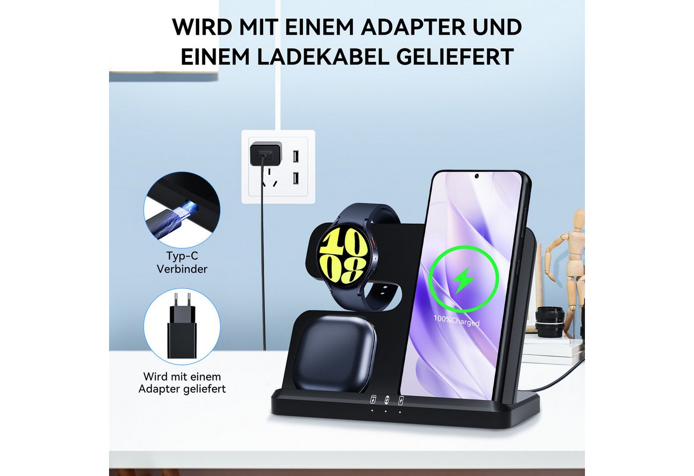 Senmudi 3 in 1 Kabellose Ladestation 15W - Ohne Kabelchaos Induktions-Ladegerät (Schnelles Kabelloses Ladegerät Handy Ständer handyhalterung, Für Samsung Galaxy/Galaxy Watch/Xiaomi/Note/Galaxy Buds/AirPods, iPhone - Ultra Handy-Ladestation,für alle Qi-fähigen Geräte) Bild 3