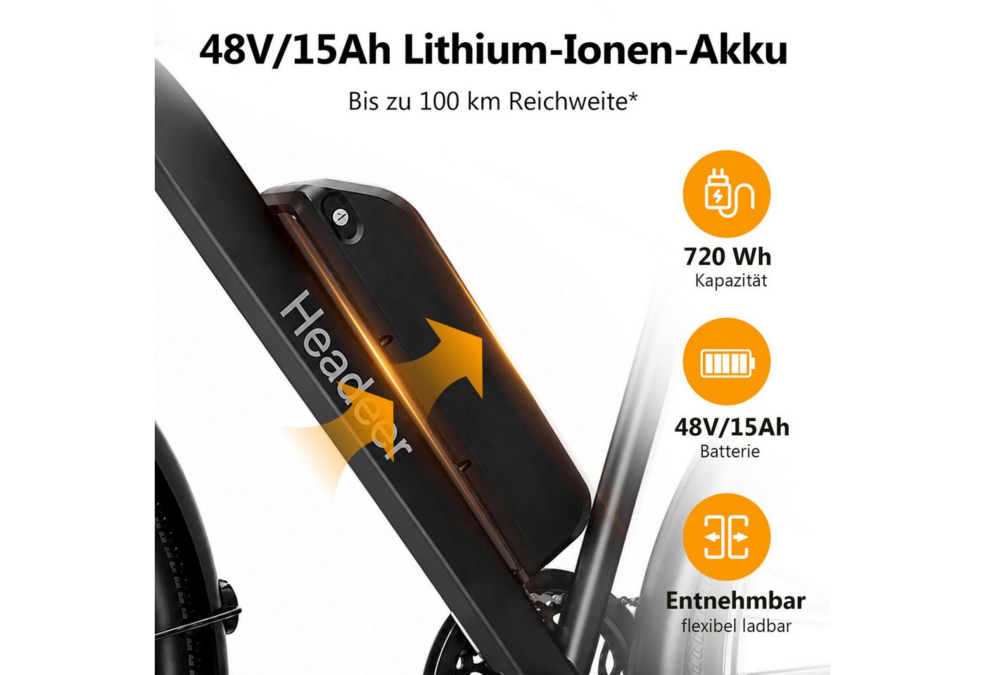 Vankel E-Bike Mountainbike 26 Zoll für Damen und Herren, 720 Wh, bis zu 120 km, App, Kettenschaltung, Heckmotor, 720 Wh, Für Alltag und Touren mit Federgabel, Display und Scheibenbremsen Bild 5