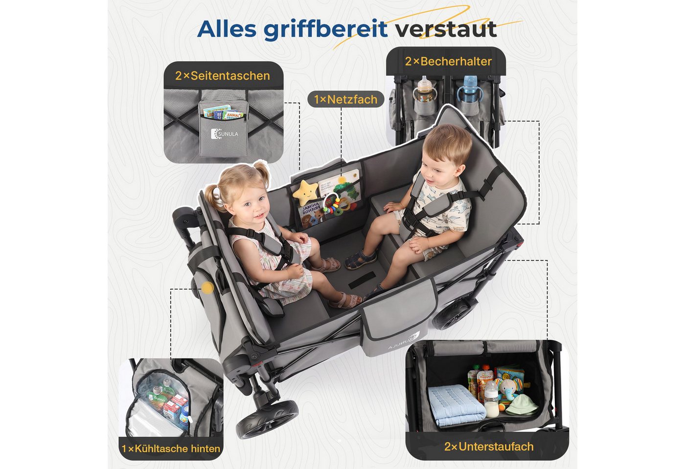 SUNULA Bollerwagen Kinder Bollerwagen für 2 Kinder mit Dach, Schiebe- und Zieh Funktion, Faltbar Kinderwagen mit XXL-Rädern (25/20 cm) und 5-Punkt-Gurtsystem