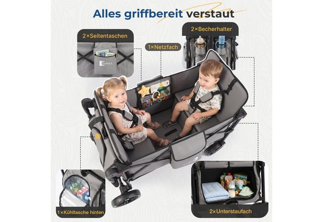 SUNULA Bollerwagen Kinder Bollerwagen für 2 Kinder mit Dach, Schiebe- und Zieh Funktion, Faltbar Kinderwagen mit XXL-Rädern (25/20 cm) und 5-Punkt-Gurtsystem