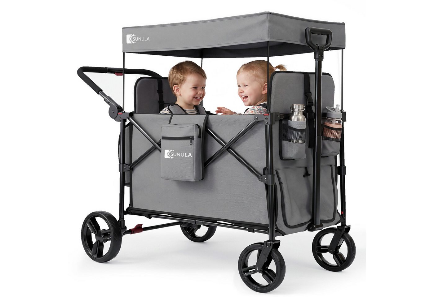 SUNULA Bollerwagen Kinder Bollerwagen für 2 Kinder mit Dach, Schiebe- und Zieh Funktion, Faltbar Kinderwagen mit XXL-Rädern (25/20 cm) und 5-Punkt-Gurtsystem Bild 2