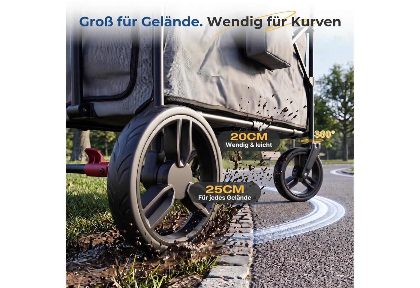 SUNULA Bollerwagen Kinder Bollerwagen für 2 Kinder mit Dach, Schiebe- und Zieh Funktion, Faltbar Kinderwagen mit XXL-Rädern (25/20 cm) und 5-Punkt-Gurtsystem Bild 3