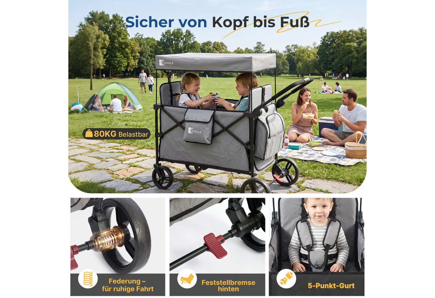 SUNULA Bollerwagen Kinder Bollerwagen für 2 Kinder mit Dach, Schiebe- und Zieh Funktion, Faltbar Kinderwagen mit XXL-Rädern (25/20 cm) und 5-Punkt-Gurtsystem Bild 4