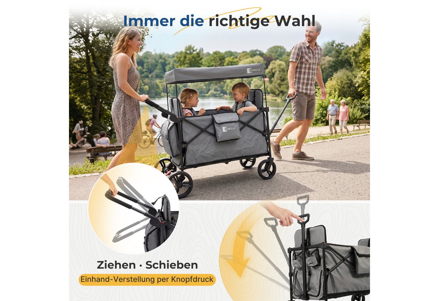 SUNULA Bollerwagen Kinder Bollerwagen für 2 Kinder mit Dach, Schiebe- und Zieh Funktion, Faltbar Kinderwagen mit XXL-Rädern (25/20 cm) und 5-Punkt-Gurtsystem Bild 5