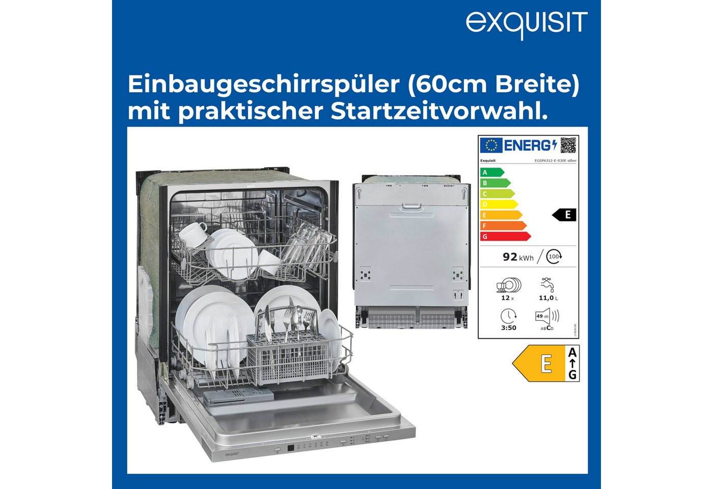 exquisit vollintegrierbarer Geschirrspüler EGSP56312-E-030E, 12 Maßgedecke, 6 Programme, Startzeitvorwahl, 12 Maßgedecke