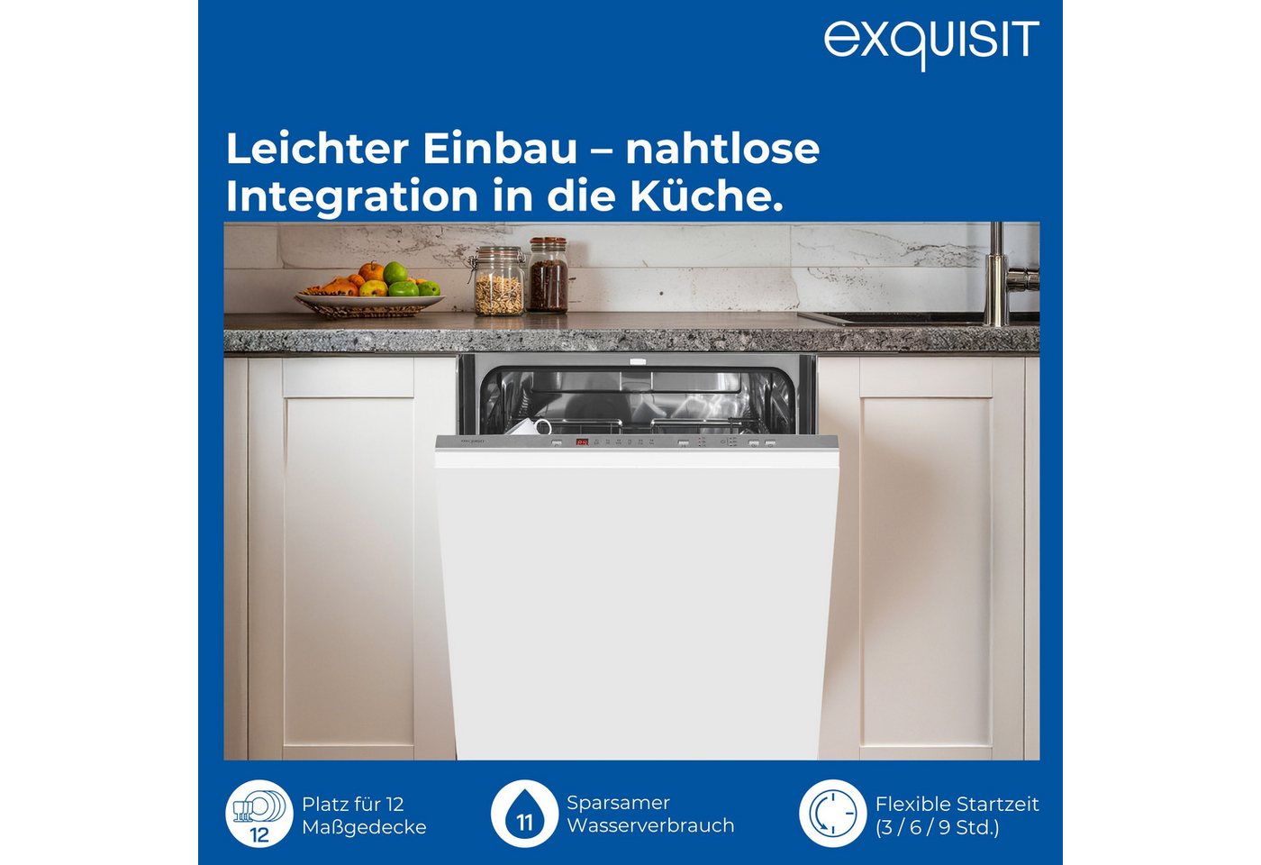 exquisit vollintegrierbarer Geschirrspüler EGSP56312-E-030E, 12 Maßgedecke, 6 Programme, Startzeitvorwahl, 12 Maßgedecke Bild 2