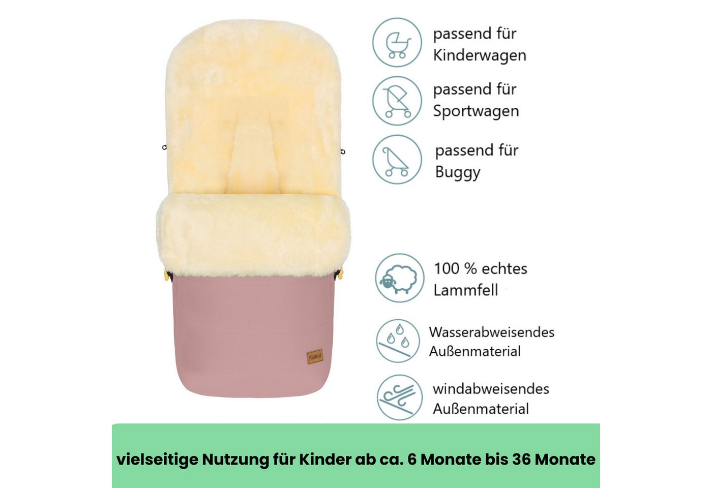 Fillikid Fußsack Winterfußsack Bernina Lammfell Exklusiv, warmer Winterfußsack mit echtem Merino-Lammfell wasserabweisend und Bild 2
