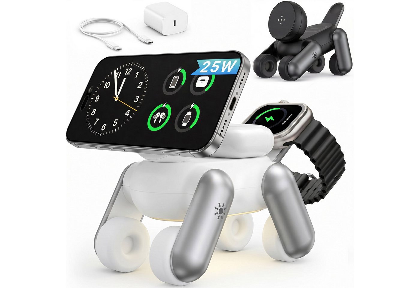 GreenHec 25W Ladestation 3 in 1 MagSafe Ladegerät iPhone 18/17 Pro Max Wireless Charger (0,02 mA, Spar-Set, PowerBase + Ladegerät + Ladekabel, Apple Watch, AirPods, wireless charger, magnetisch, Qi 2.2) Bild 4