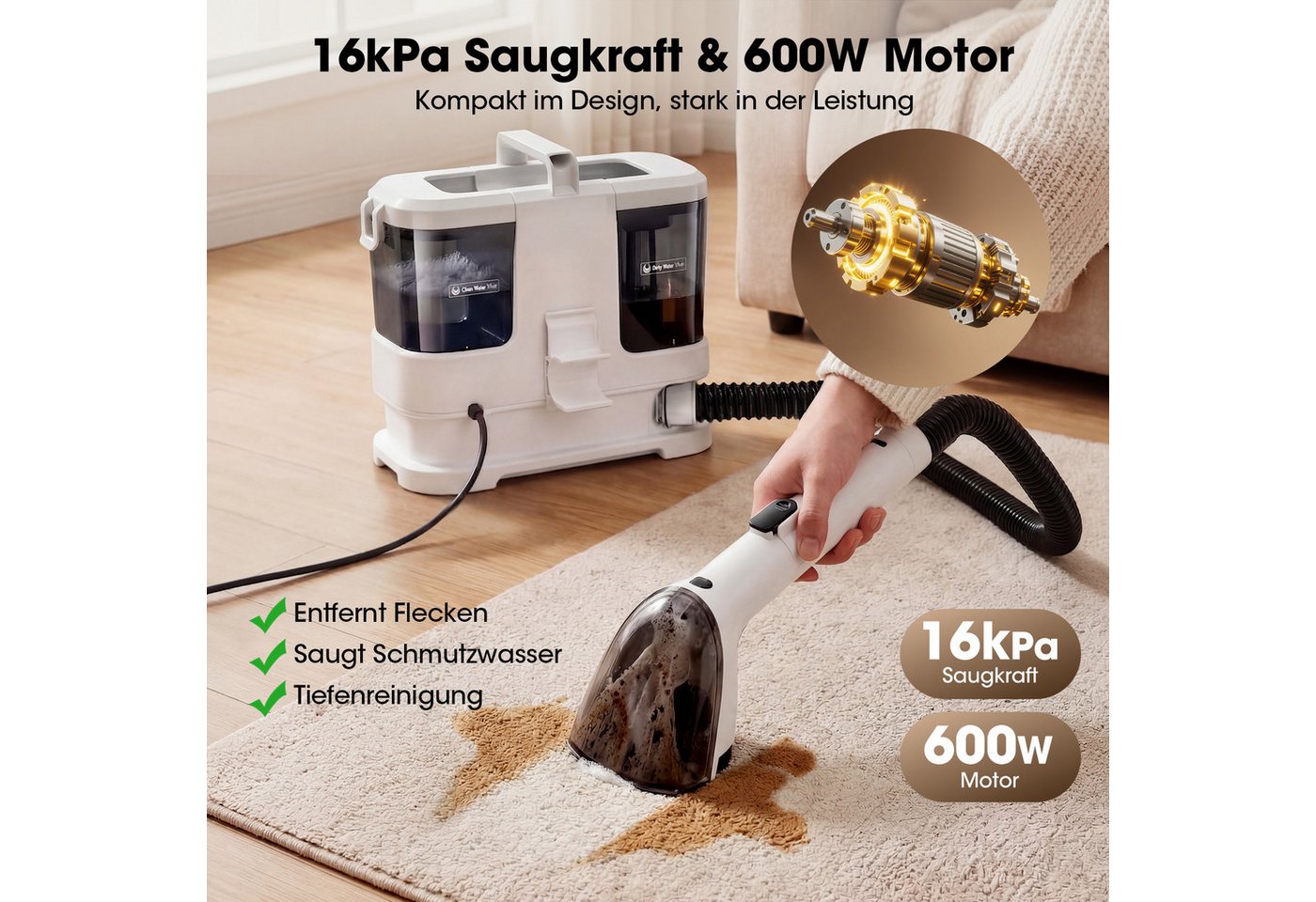 lubluelu Teppichreinigungsgerät Polsterreiniger Gerät Waschsauger 16000Pa Fleckenreiniger 3in1, 600 W, beutellos, für Teppiche, Polster, Sofa, Auto, Flecken / Dual-Tank-Technologie Bild 2