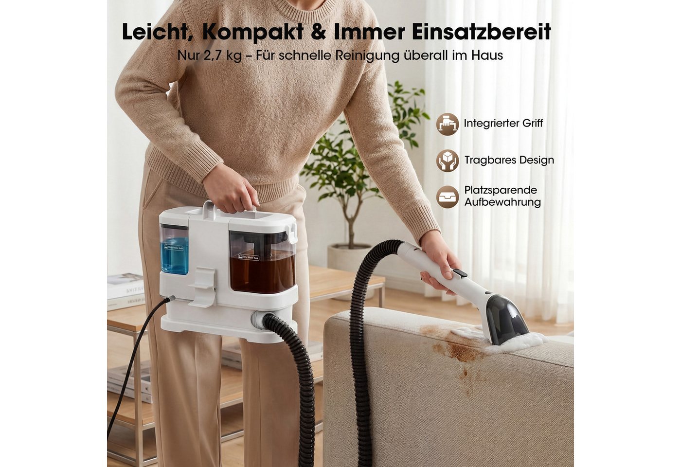 lubluelu Teppichreinigungsgerät Polsterreiniger Gerät Waschsauger 16000Pa Fleckenreiniger 3in1, 600 W, beutellos, für Teppiche, Polster, Sofa, Auto, Flecken / Dual-Tank-Technologie Bild 5