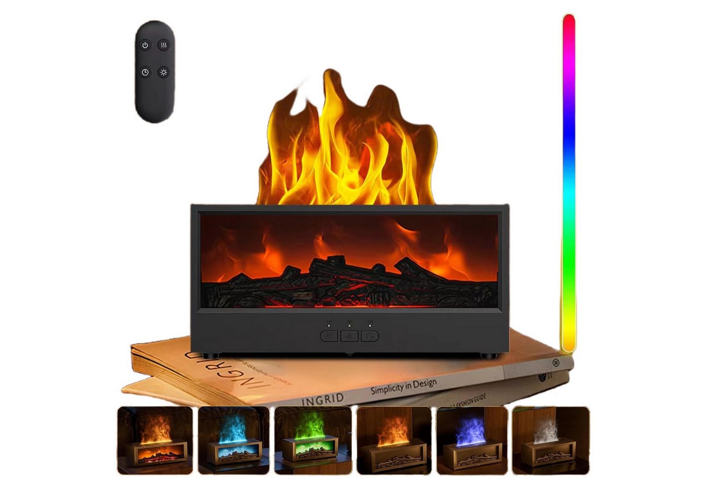 Coonoor Luftbefeuchter Aroma Diffuser mit LED Kamin, Duftöl Diffusor für Ätherische Öle, mit 7-Farben-Licht Flammeneffekt,Fernbedienung, 4 Timer