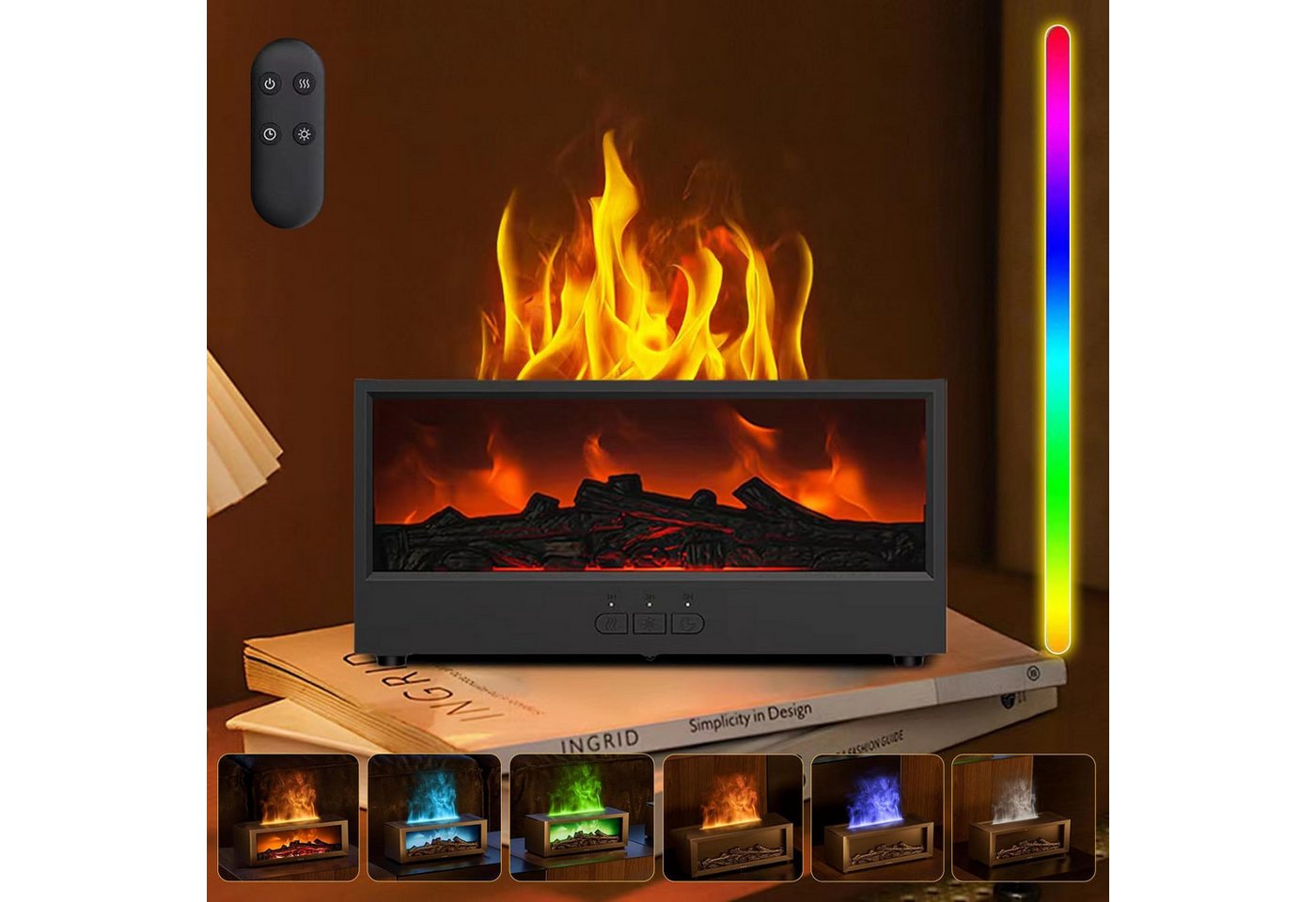Coonoor Luftbefeuchter Aroma Diffuser mit LED Kamin, Duftöl Diffusor für Ätherische Öle, mit 7-Farben-Licht Flammeneffekt,Fernbedienung, 4 Timer Bild 4