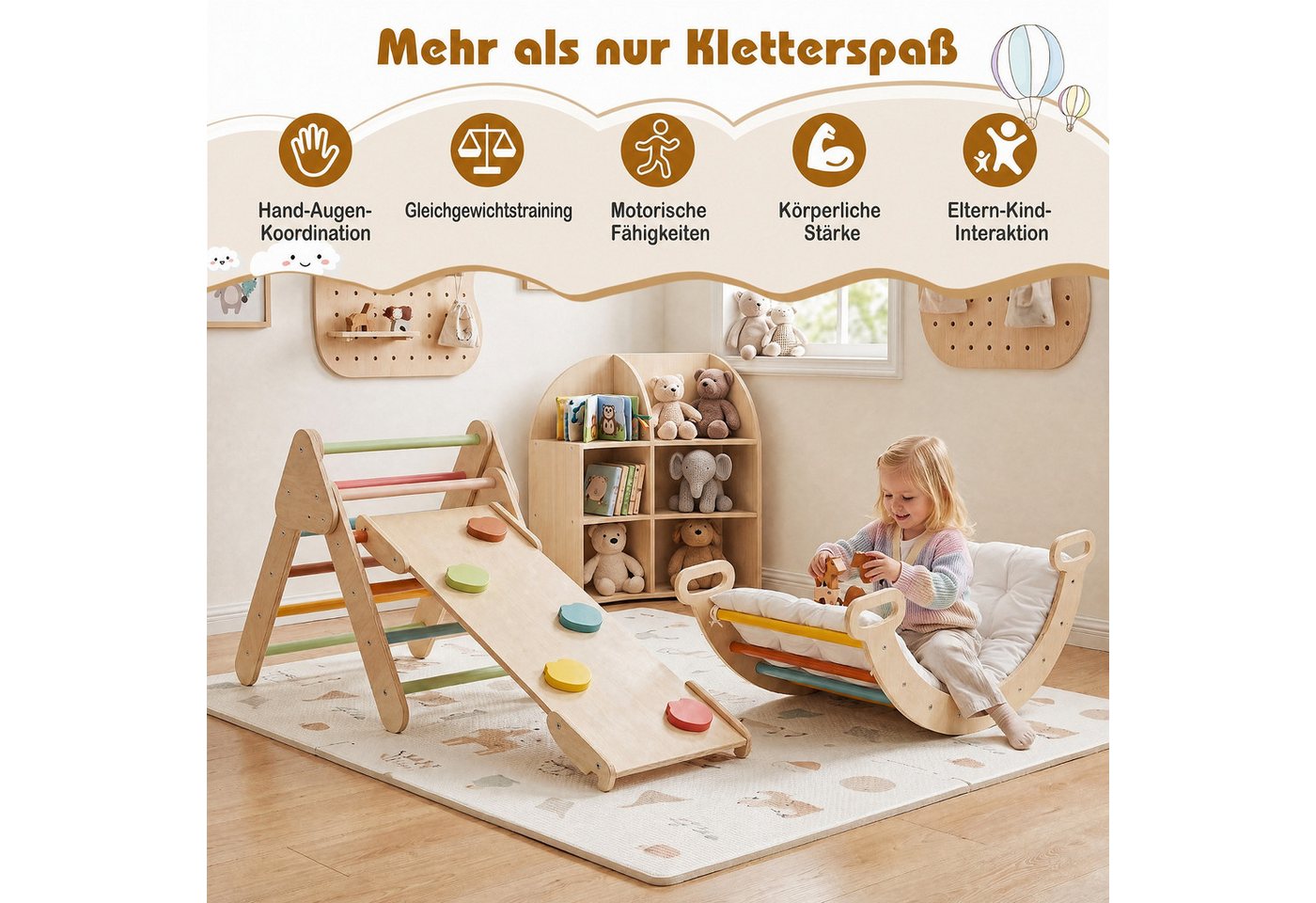 COSTWAY Klettergerüst 3 in 1 Montessori Klettersset aus Holz, Spielset für Kinder ab 1 Jahr