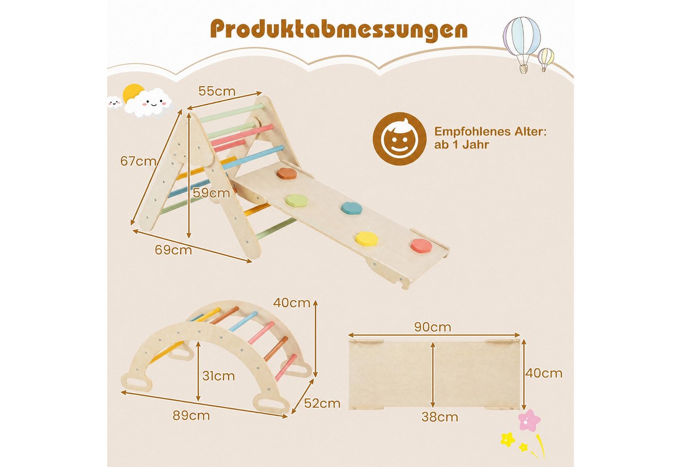 COSTWAY Klettergerüst 3 in 1 Montessori Klettersset aus Holz, Spielset für Kinder ab 1 Jahr Bild 2