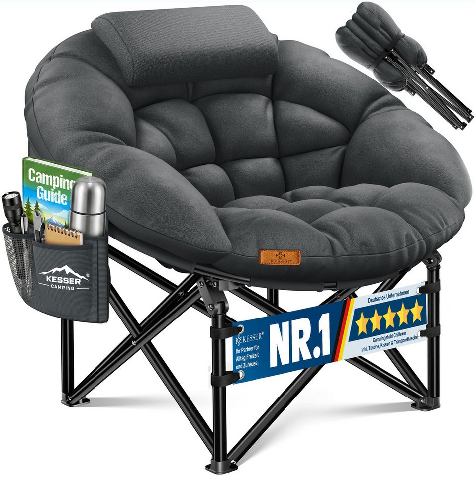 KESSER Campingstuhl XXL faltbar, bis 150 kg, inkl. Kissen, Seitentasche & Cover, Outdoor + Indoor für Camping, Angeln, Festival & Strand
