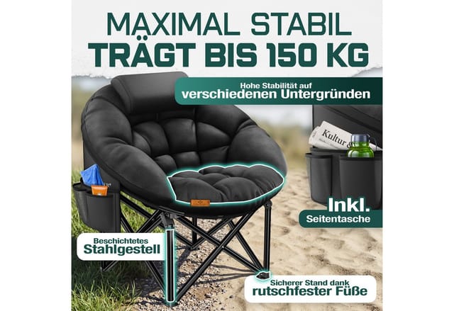 KESSER Campingstuhl XXL faltbar, bis 150 kg, inkl. Kissen, Seitentasche & Cover, Outdoor + Indoor für Camping, Angeln, Festival & Stran