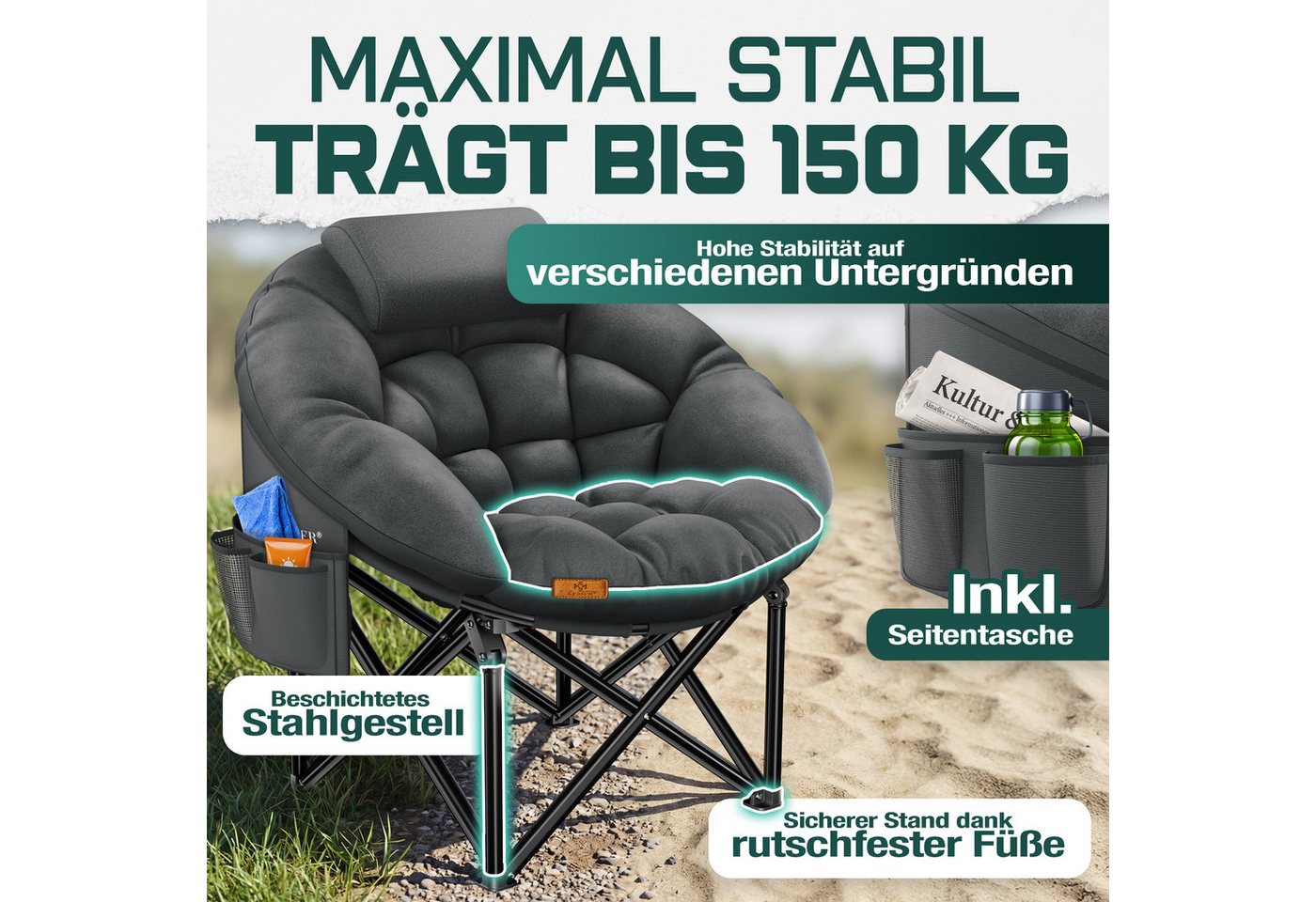 KESSER Campingstuhl XXL faltbar, bis 150 kg, inkl. Kissen, Seitentasche & Cover, Outdoor + Indoor für Camping, Angeln, Festival & Strand Bild 2