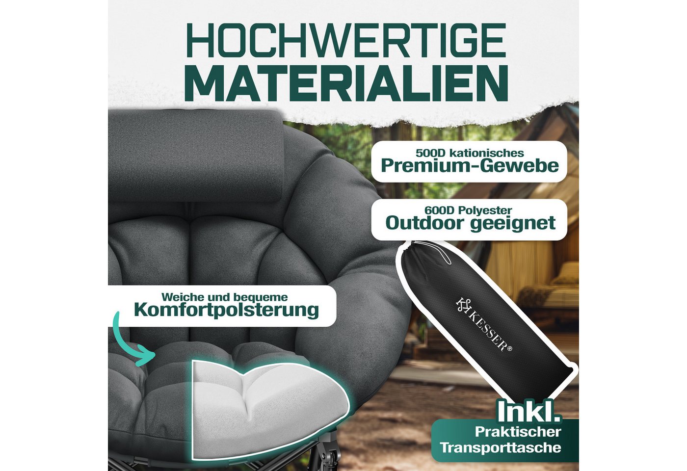 KESSER Campingstuhl XXL faltbar, bis 150 kg, inkl. Kissen, Seitentasche & Cover, Outdoor + Indoor für Camping, Angeln, Festival & Strand Bild 3