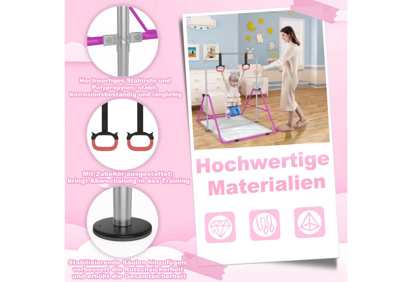 FIVMEN Turnreck Reckstange höhenverstellbare Gymnastikstange aus stabilem Stahl, Gymnastik Heimtrainer Faltbares für Junioren, erweiterbar Bild 5