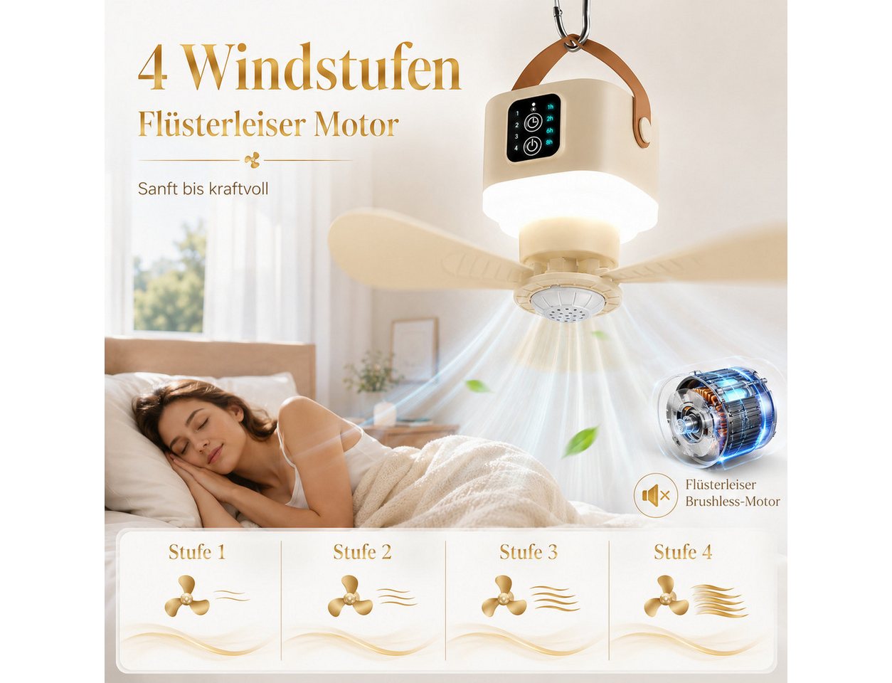 Lapamax Deckenventilator 24 cm Akku-Deckenventilator mit Licht, 7200 mAh, Standfuß, 8 W, beige, Camping-Ventilator mit 4 Stufen, Fernbedienung und 1–8-h-Timer, mobil