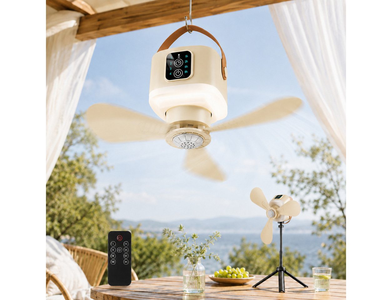 Lapamax Deckenventilator 24 cm Akku-Deckenventilator mit Licht, 7200 mAh, Standfuß, 8 W, beige, Camping-Ventilator mit 4 Stufen, Fernbedienung und 1–8-h-Timer, mobil Bild 2