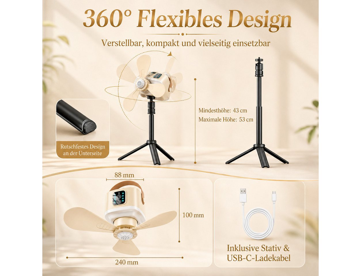 Lapamax Deckenventilator 24 cm Akku-Deckenventilator mit Licht, 7200 mAh, Standfuß, 8 W, beige, Camping-Ventilator mit 4 Stufen, Fernbedienung und 1–8-h-Timer, mobil Bild 3