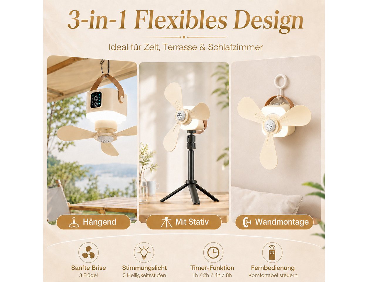 Lapamax Deckenventilator 24 cm Akku-Deckenventilator mit Licht, 7200 mAh, Standfuß, 8 W, beige, Camping-Ventilator mit 4 Stufen, Fernbedienung und 1–8-h-Timer, mobil Bild 4
