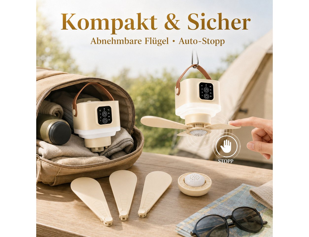 Lapamax Deckenventilator 24 cm Akku-Deckenventilator mit Licht, 7200 mAh, Standfuß, 8 W, beige, Camping-Ventilator mit 4 Stufen, Fernbedienung und 1–8-h-Timer, mobil Bild 5