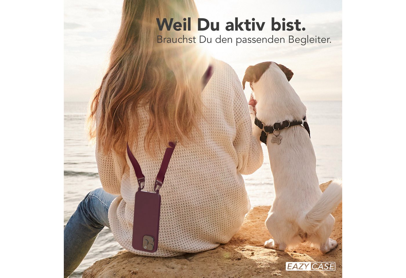 EAZY CASE Handykette Karabiner Breitband für Apple iPhone 15 Pro Max 6,7 Zoll, Smartphonekette Cover Silikonhülle Umhängetasche in Burgundy Rot Beere