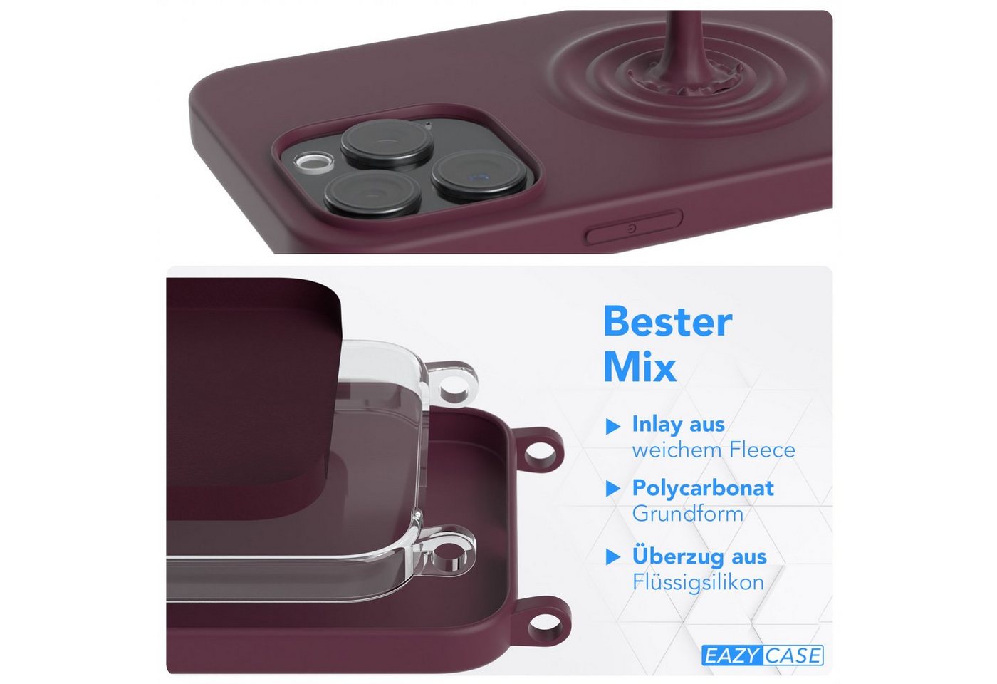 EAZY CASE Handykette Karabiner Breitband für Apple iPhone 15 Pro Max 6,7 Zoll, Smartphonekette Cover Silikonhülle Umhängetasche in Burgundy Rot Beere Bild 3