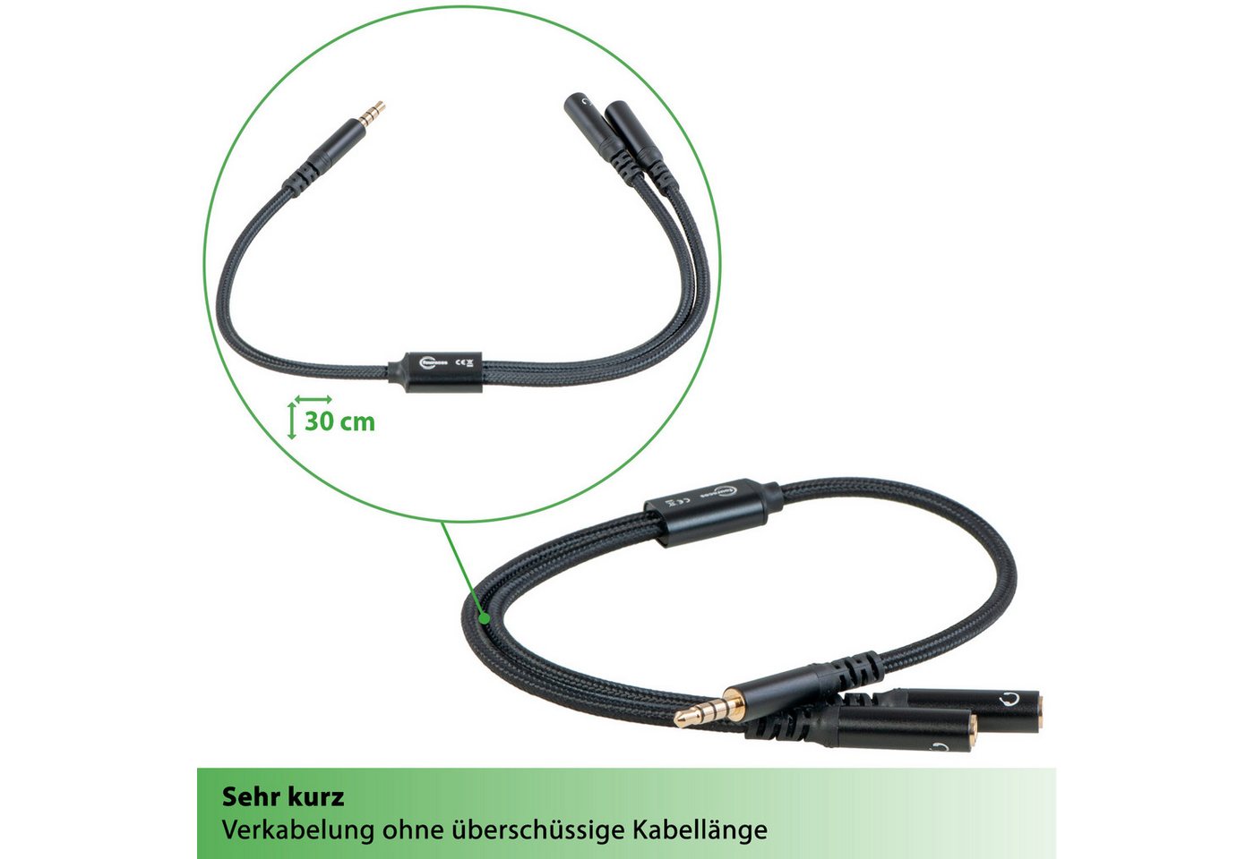 fouraces fouraces AUX Splitter, kurz, 30cm, 4pol für Headset, Kopfhörer, Handy Audio-Kabel, 3,5-mm-Klinke, 3,5-mm-Klinke (30 cm), perfekt für sehr kurze Verkabelungswege - z.B. im Auto