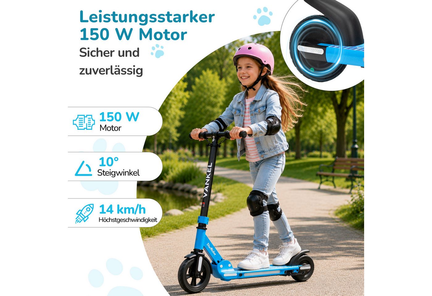 Vankel E-Scooter Faltbarer E-Scooter für Kinder ab 6 Jahren, bis 14 km/h, 150 W, (faltbar, für Jungen und Mädchen, max. 50kg, Aluminiumrahmen), 6,5 kg leicht, höhenverstellbar für ca. 110–160 cm
