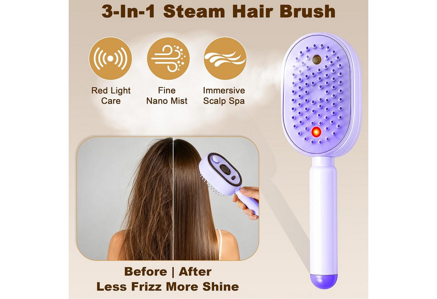 FELIXLEO Elektrohaarbürste Dampfhaarbürste 3 in 1 mit Nano Spray Luftkissen Massage Lila Bild 4