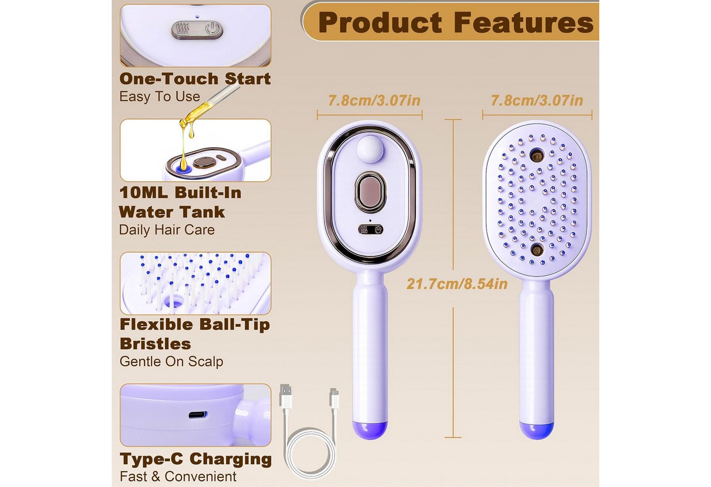 FELIXLEO Elektrohaarbürste Dampfhaarbürste 3 in 1 mit Nano Spray Luftkissen Massage Lila Bild 5