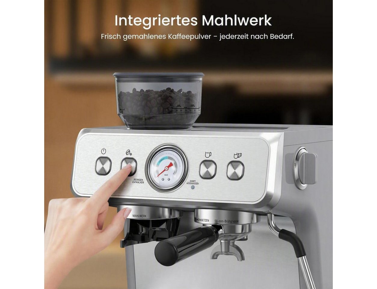 COWSAR Espressomaschine mit Mahlwerk & Milchaufschäumer – 15 Bar Pumpendruck, 30 Mahlgrade, Schnellaufheizung, 2,8L Wassertank, Für Espresso, Cappuccino
